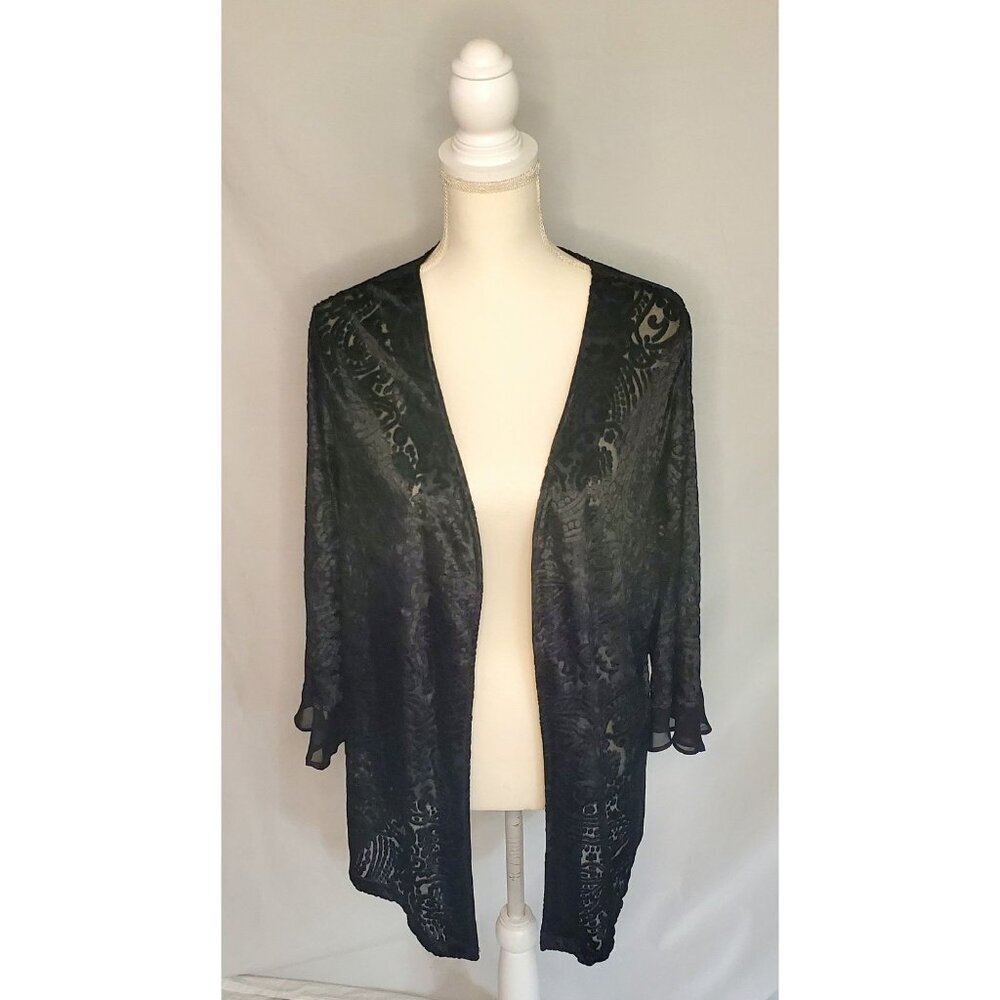 Jara Black Burnout Velvet Floral Cardigan Size 1XL 3/4 Flutter Sleeve Romantic - Picture 1 of 10